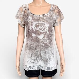 Y2K Brittany Black Womens Blouse Top Lace Floral Flutter Sleeve White Small
